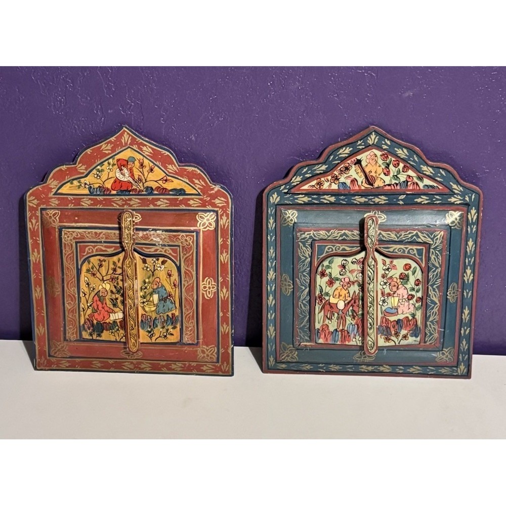 Vintage Folk Art Hand Painted Wood Mirror Set Hinged Door 12" X 10" Antique